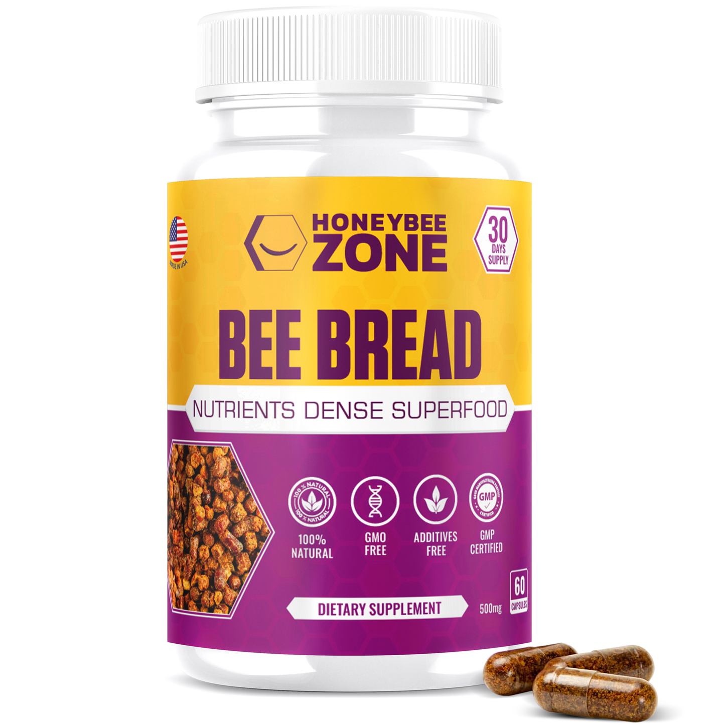Natural Bee Bread 500mg 60 Capsules- Fermented Bee Pollen Supplement