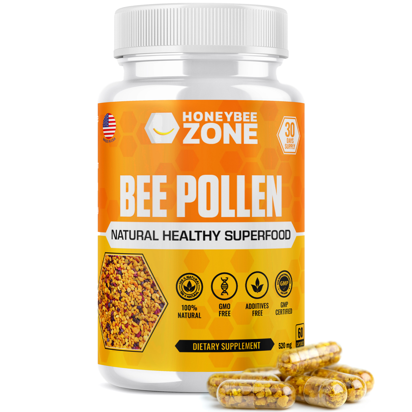 Natural Bee Pollen 520mg 60 Veggie Capsules - Energy & Immune Support