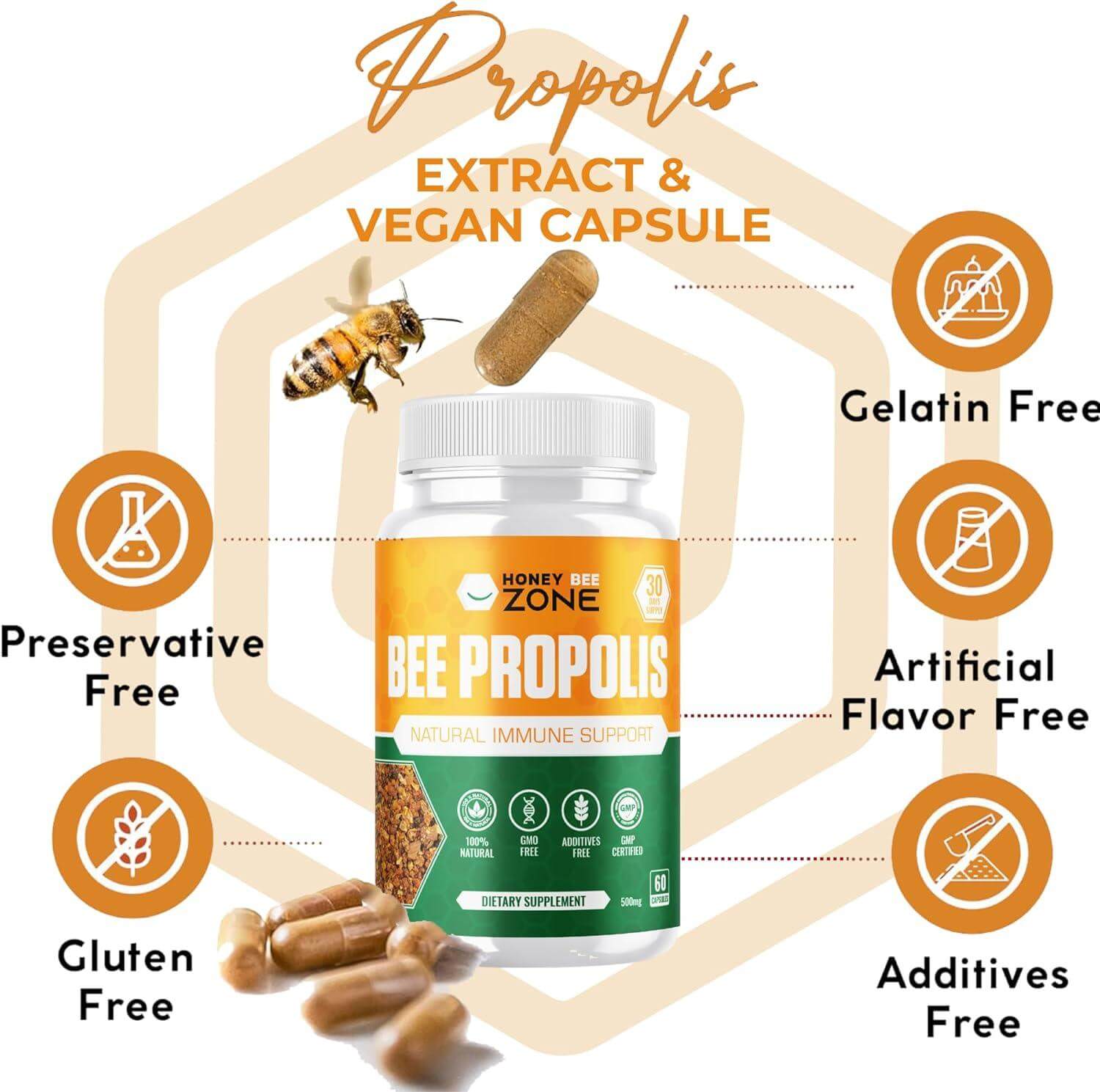 Bee Propolis Extract Capsules, 500 mg 60 Vegan Capsules for Men and Women - HONEYBEEZONE