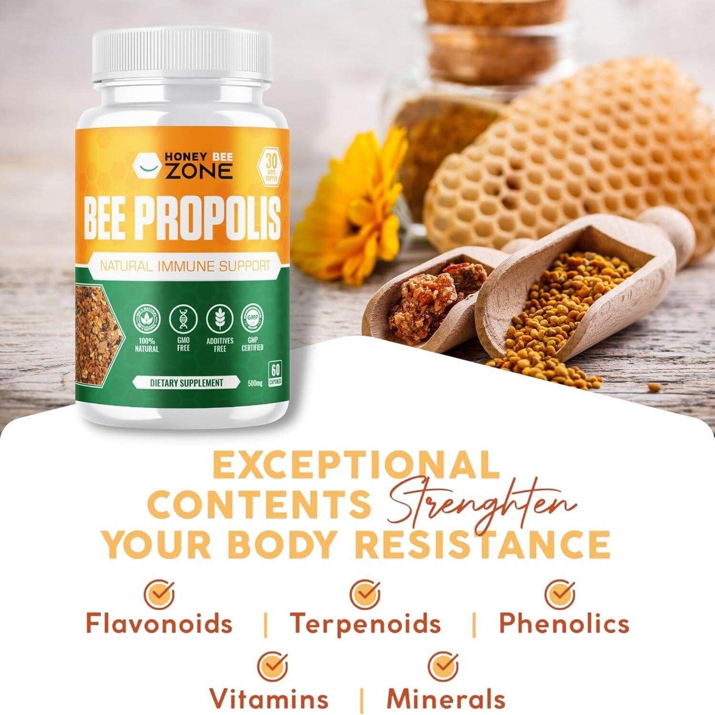 Bee Propolis Extract Capsules, 500 mg 60 Vegan Capsules for Men and Women - HONEYBEEZONE