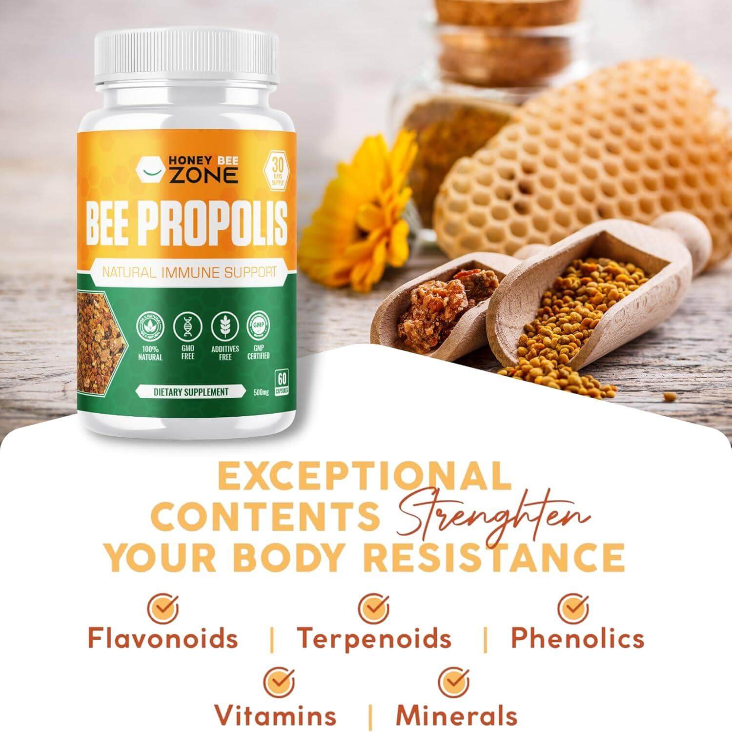 Bee Propolis Extract Capsules, 500 mg 60 Vegan Capsules for Men and Women - HONEYBEEZONE