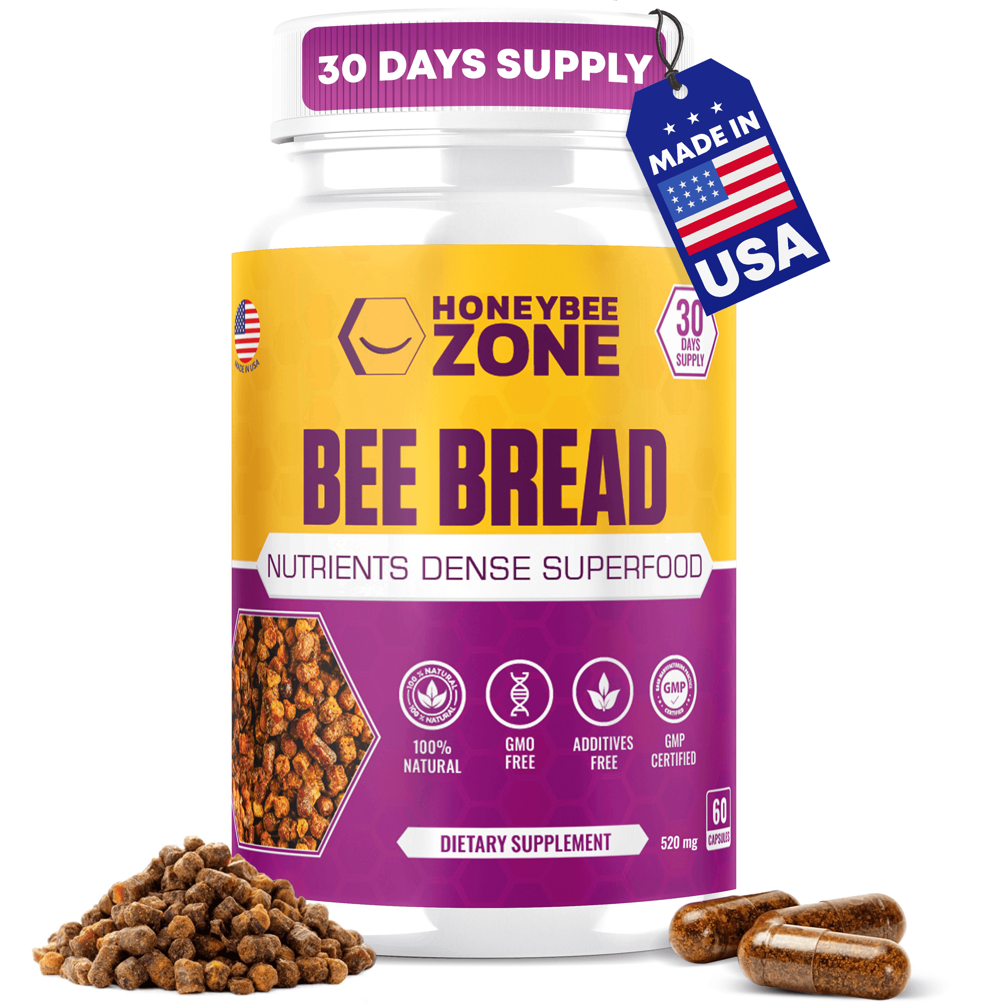 100% Natural Raw Bee Bread 60 Capsules - HONEYBEEZONE