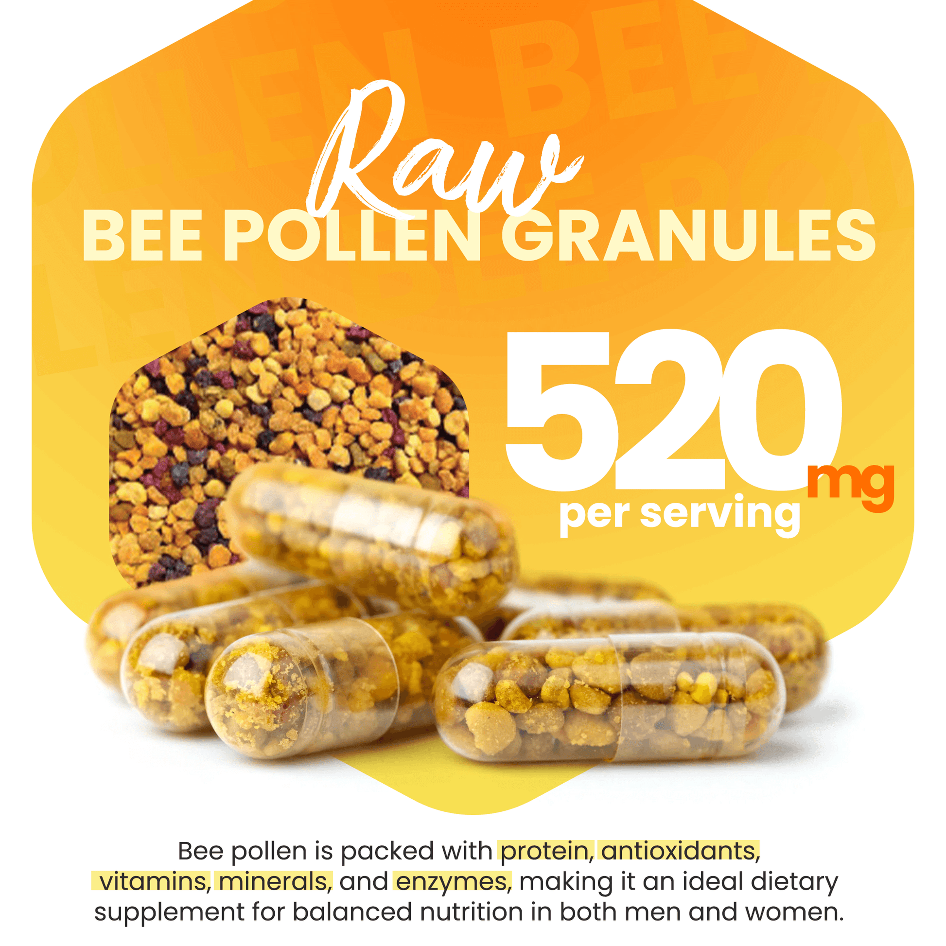 Pure Bee Pollen Granules in Capsules Rich in Vitamins, Minerals & Antioxidants - Natural Energy & Immune Support - 60 Count Easy to Take - HONEYBEEZONE