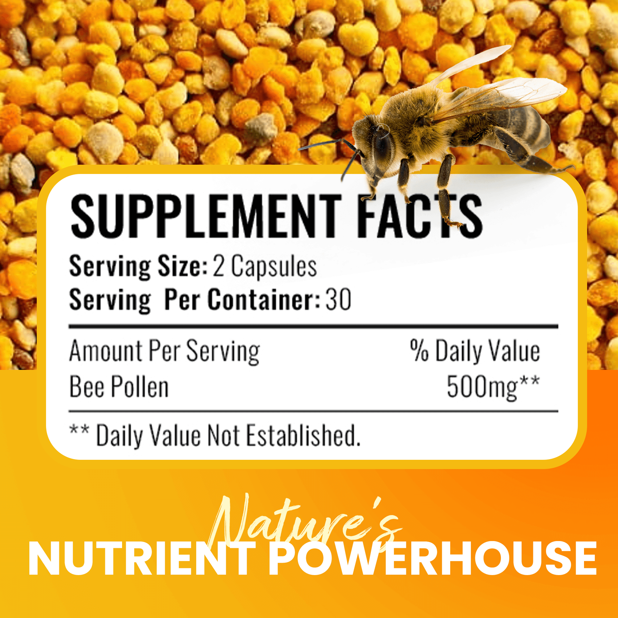 Pure Bee Pollen Granules in Capsules Rich in Vitamins, Minerals & Antioxidants - Natural Energy & Immune Support - 60 Count Easy to Take - HONEYBEEZONE