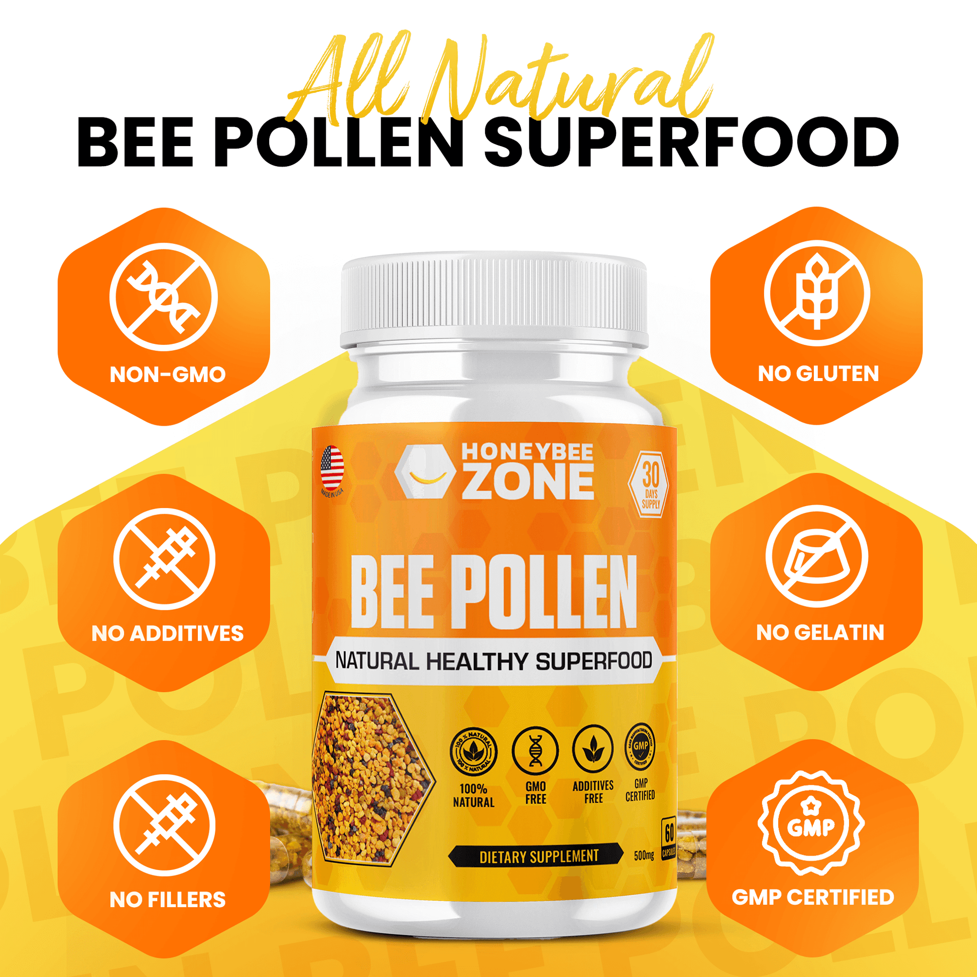Pure Bee Pollen Granules in Capsules Rich in Vitamins, Minerals & Antioxidants - Natural Energy & Immune Support - 60 Count Easy to Take - HONEYBEEZONE