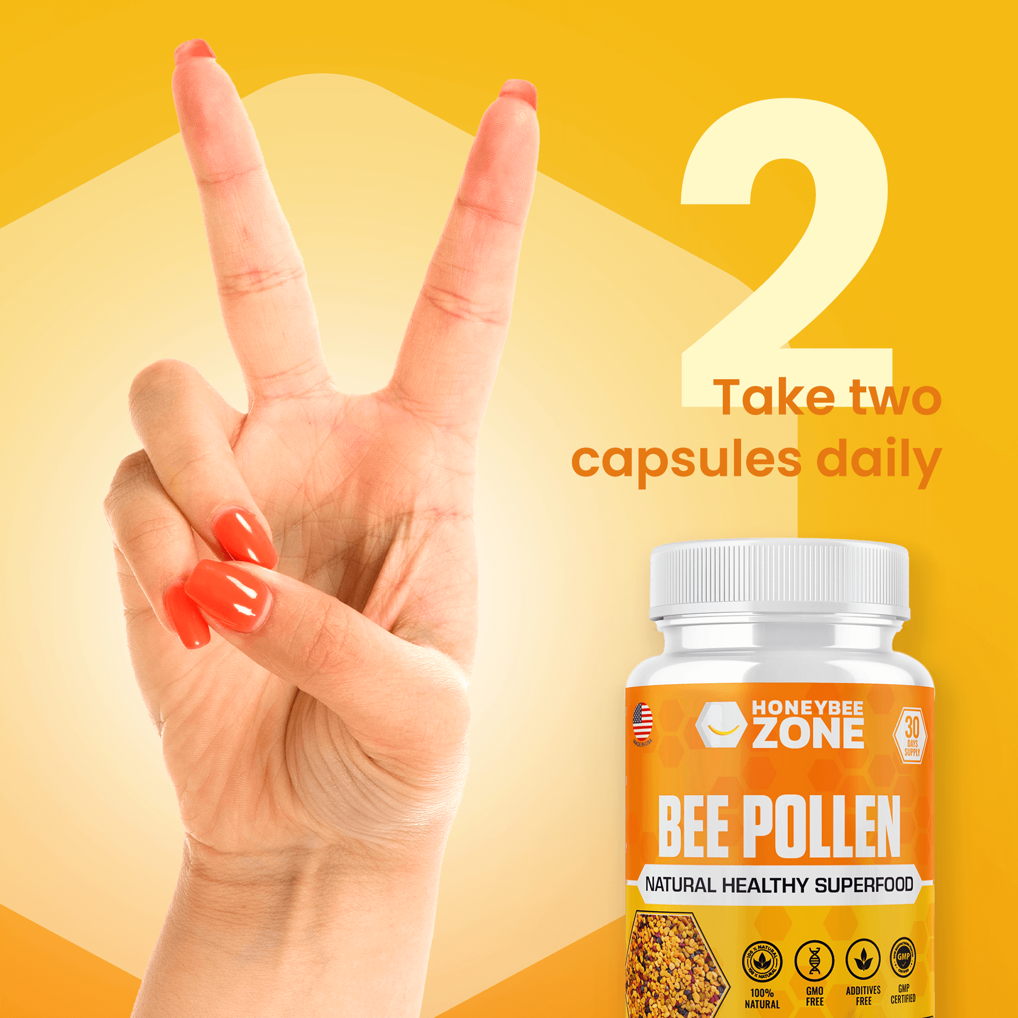 Pure Bee Pollen Granules in Capsules Rich in Vitamins, Minerals & Antioxidants - Natural Energy & Immune Support - 60 Count Easy to Take - HONEYBEEZONE