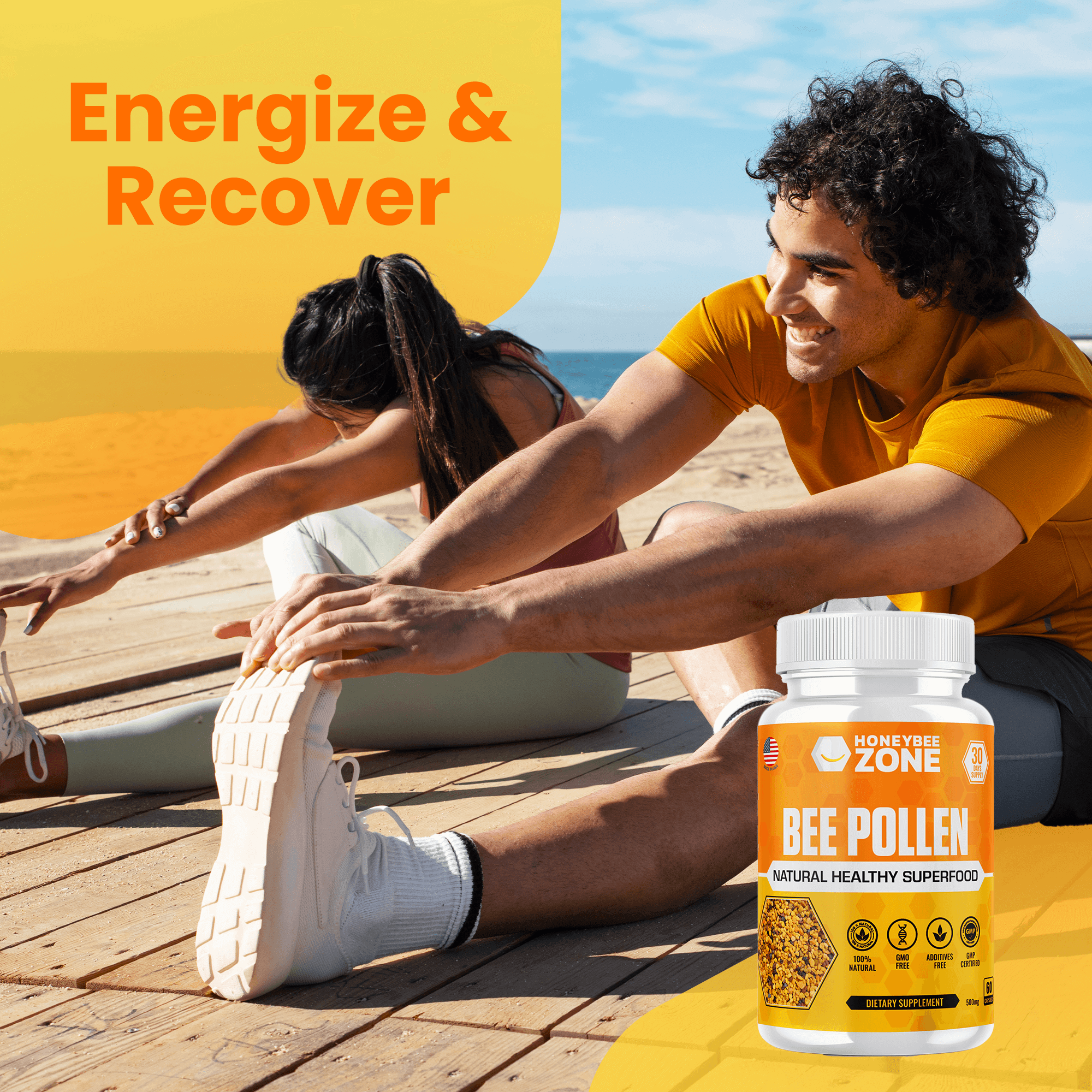 Pure Bee Pollen Granules in Capsules Rich in Vitamins, Minerals & Antioxidants - Natural Energy & Immune Support - 60 Count Easy to Take - HONEYBEEZONE