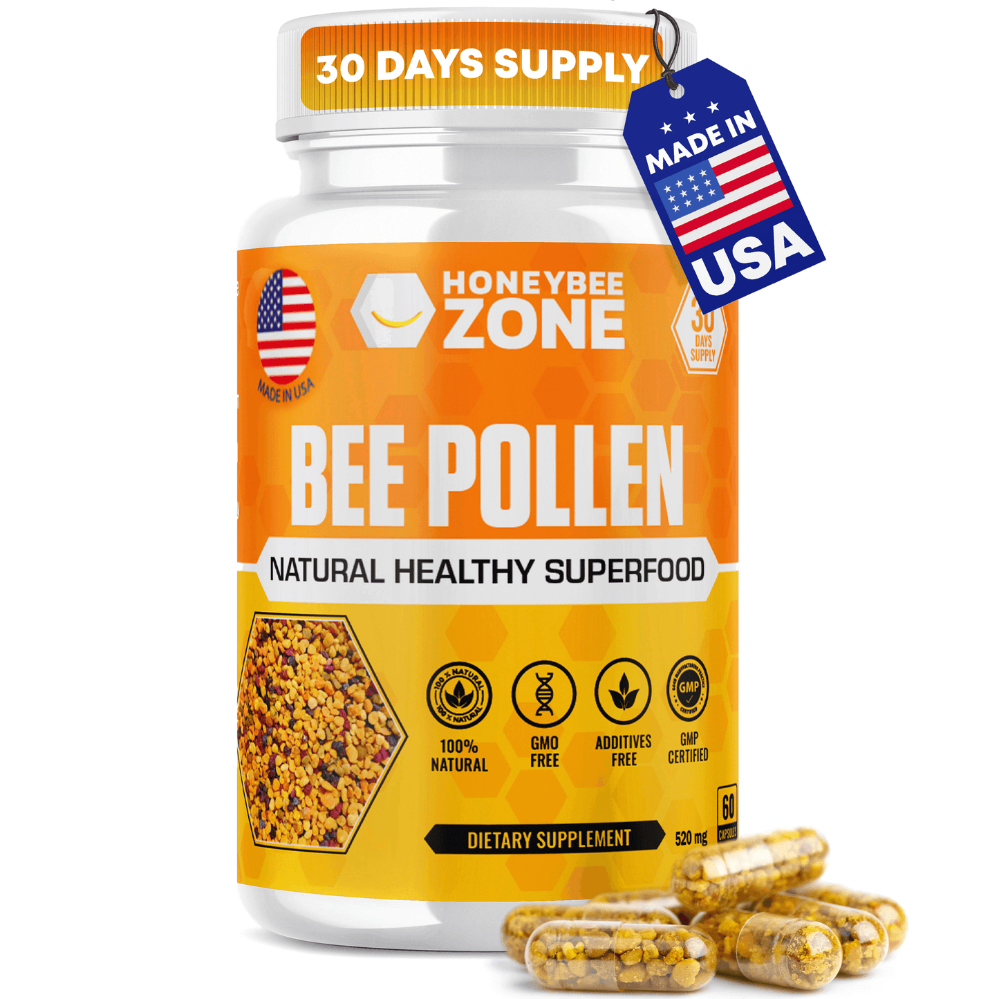 Pure Bee Pollen Granules in Capsules Rich in Vitamins, Minerals & Antioxidants - Natural Energy & Immune Support - 60 Count Easy to Take - HONEYBEEZONE
