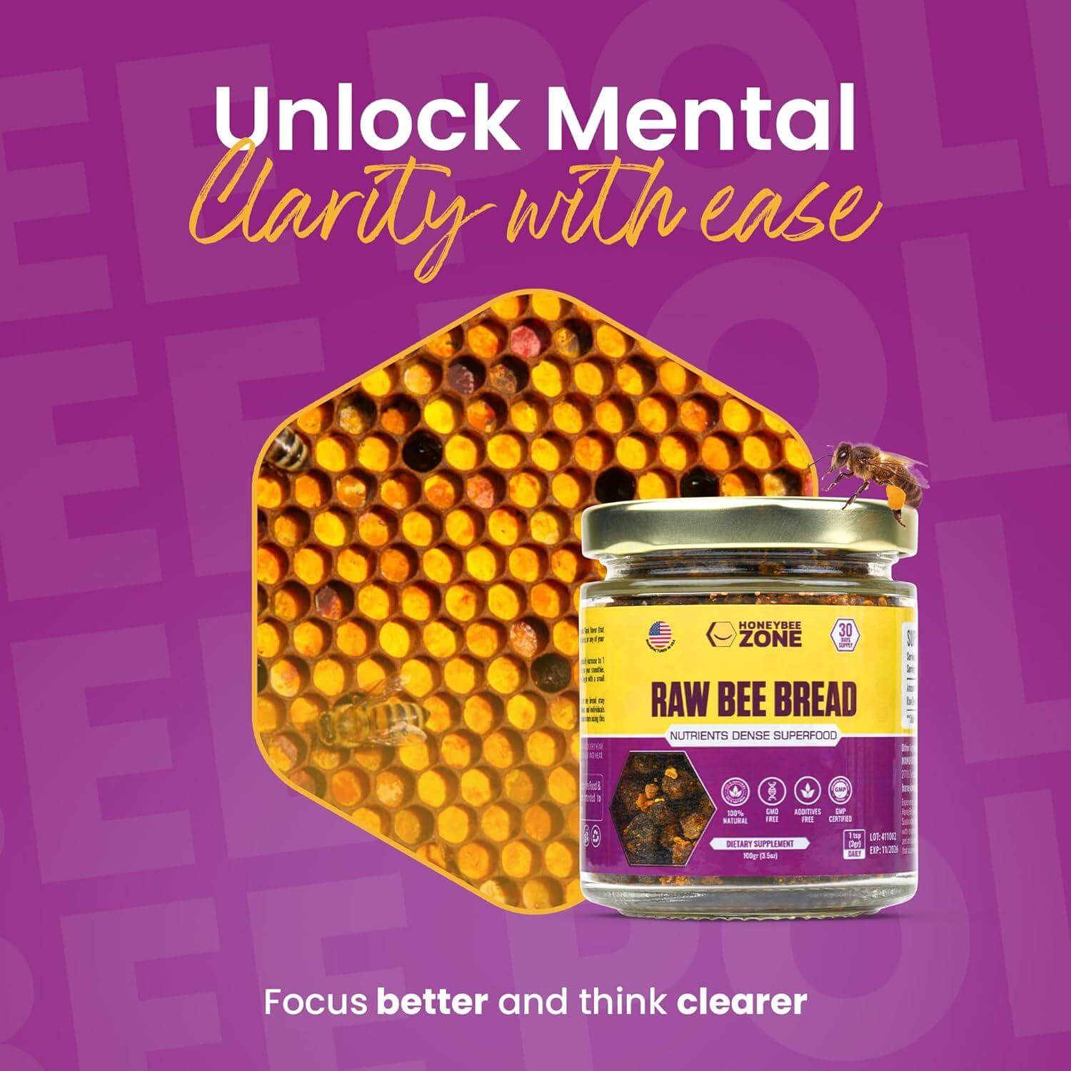 100% Natural Raw Bee Bread Non-GMO, Gluten-Free, 3.5 oz Bee Supplement - HONEYBEEZONE