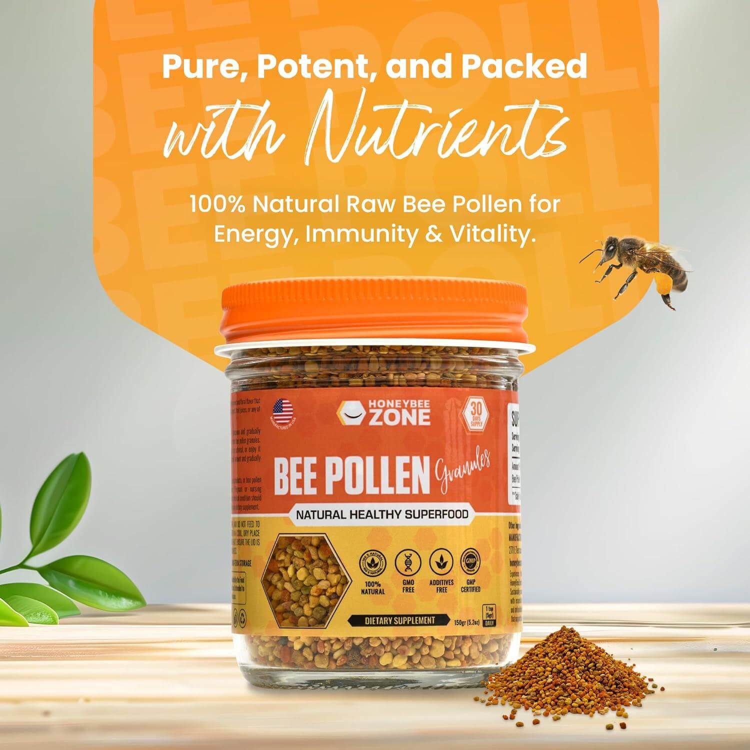 Bee Pollen Supplement 100% Natural Raw Bee Pollen Granules Fermented Pollen 5.2 oz - HONEYBEEZONE