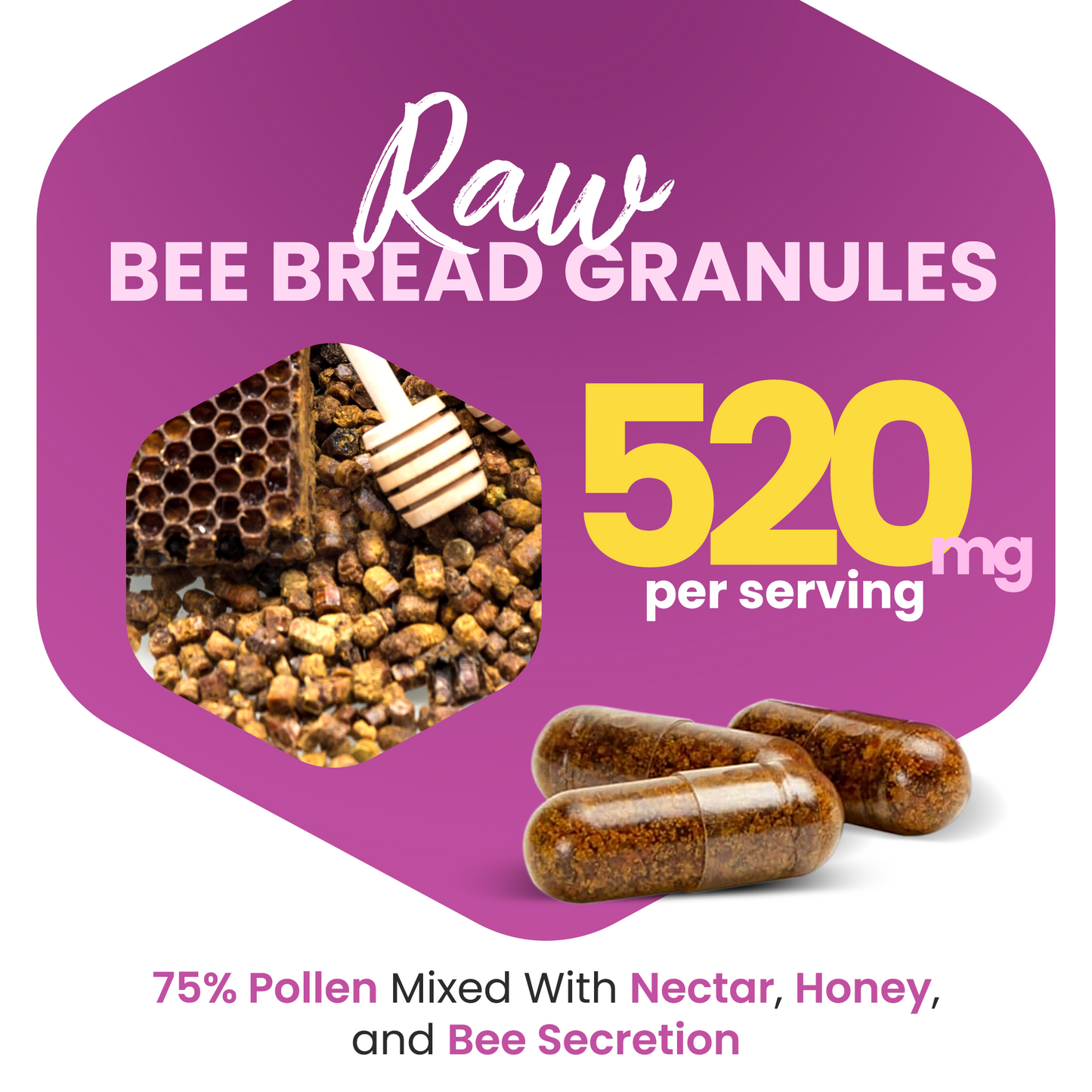 100% Natural Raw Bee Bread 60 Capsules