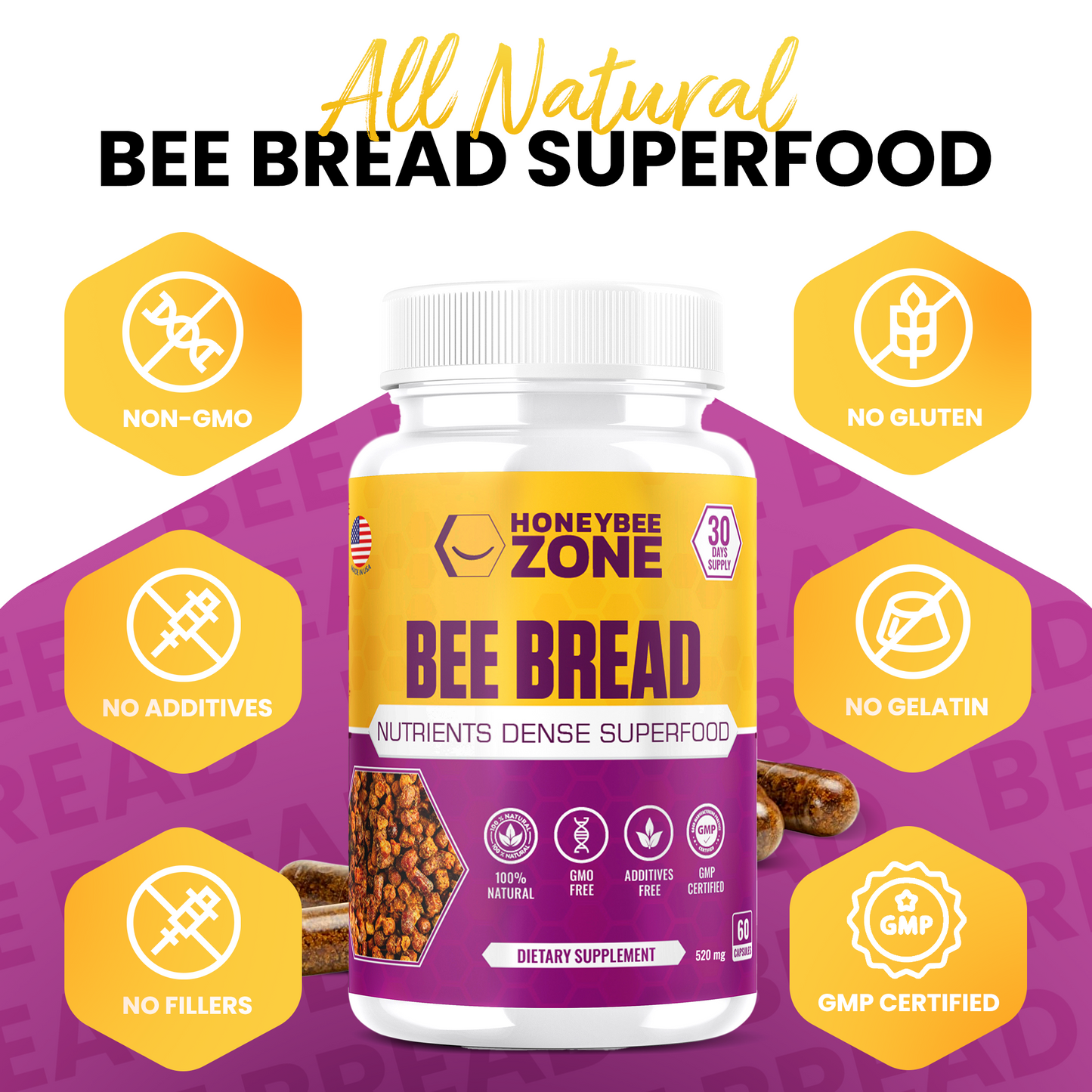 100% Natural Raw Bee Bread 60 Capsules