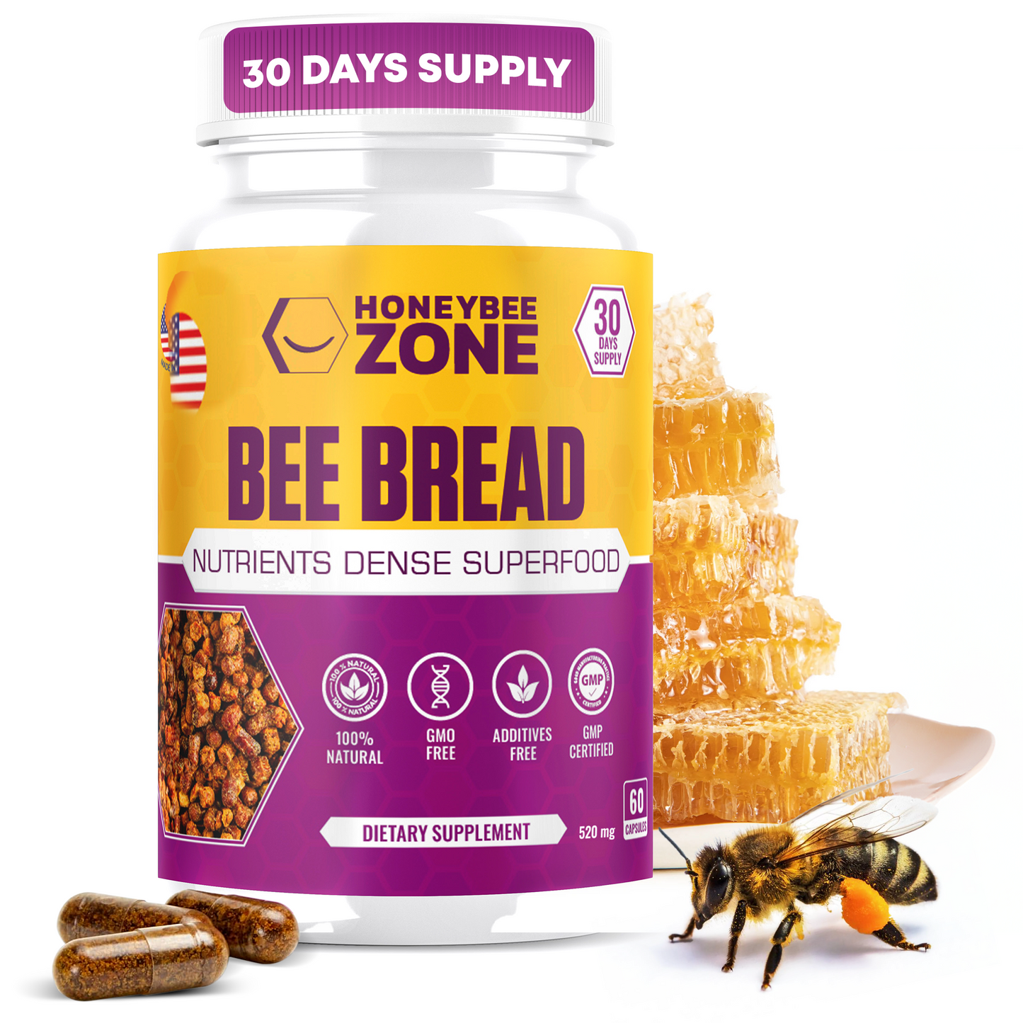 100% Natural Raw Bee Bread 60 Capsules