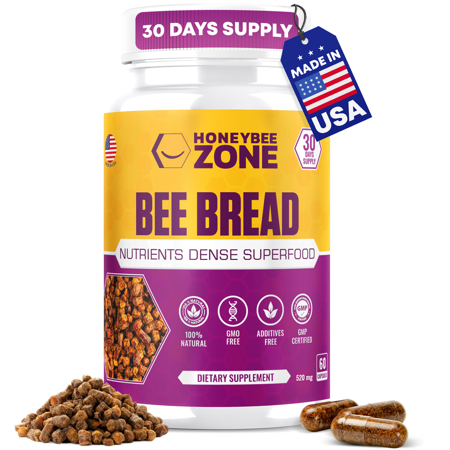 100% Natural Raw Bee Bread 60 Capsules